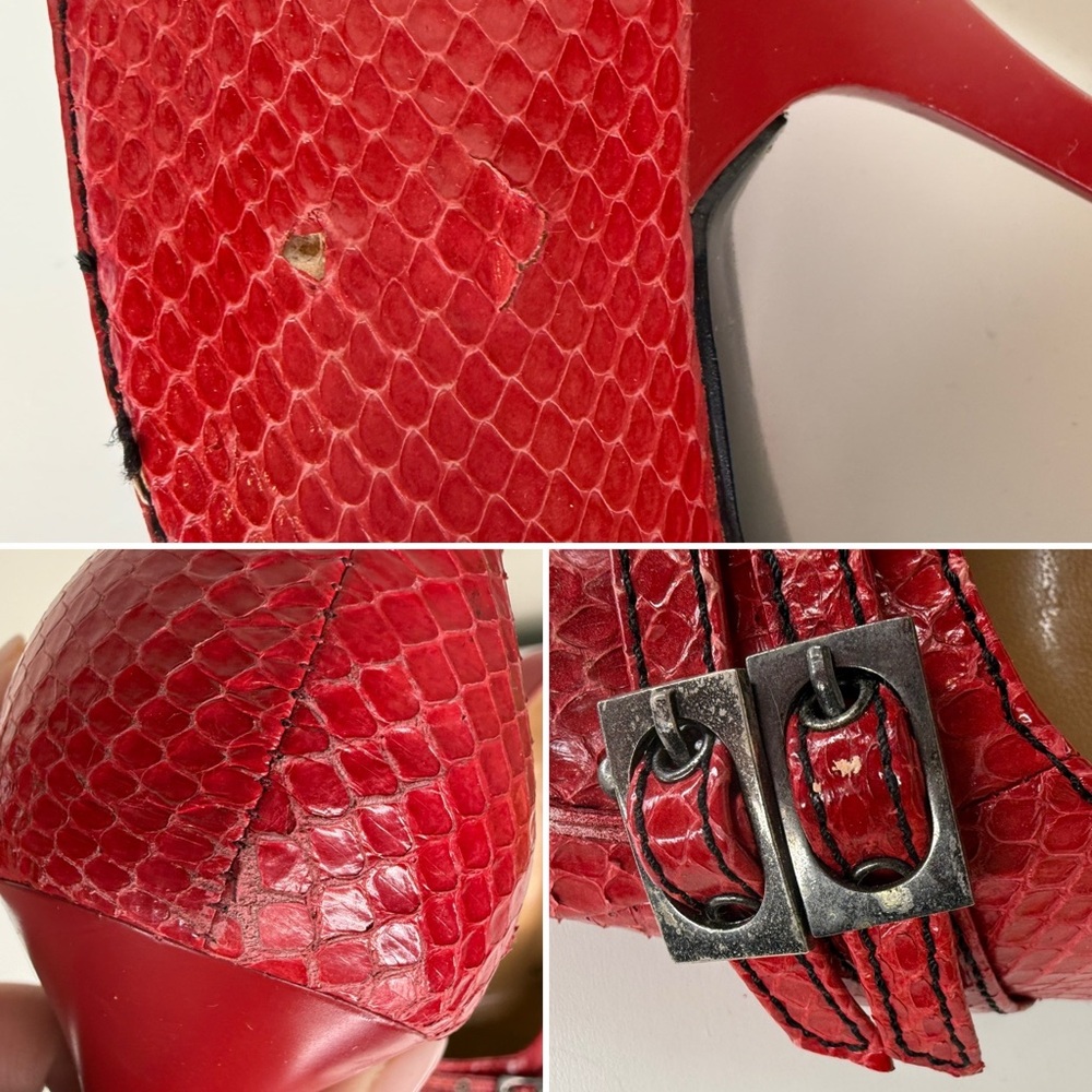 Y2K Red Snakeskin Pointed Toe Heels | Double Buckle Rivet Detail | Size 9B - Picture 14 of 14